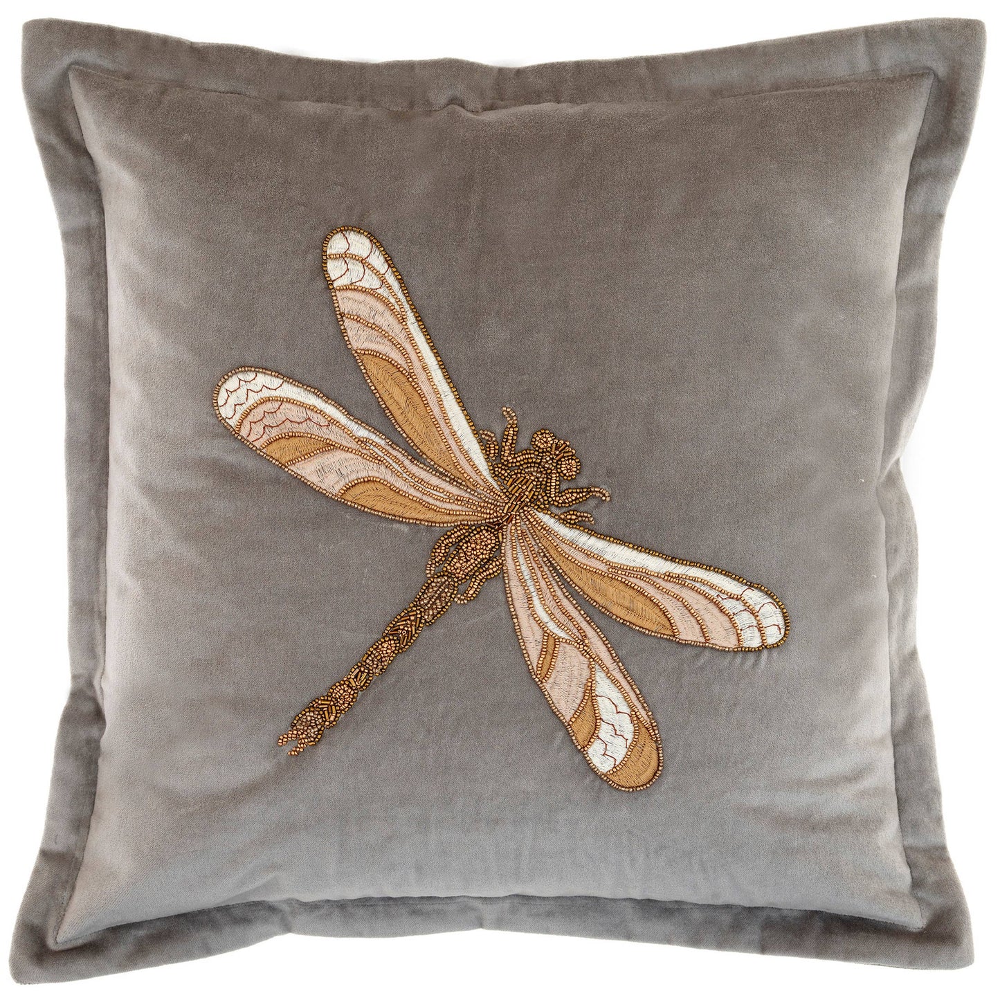 Close up cushion front dragonfly embroidered