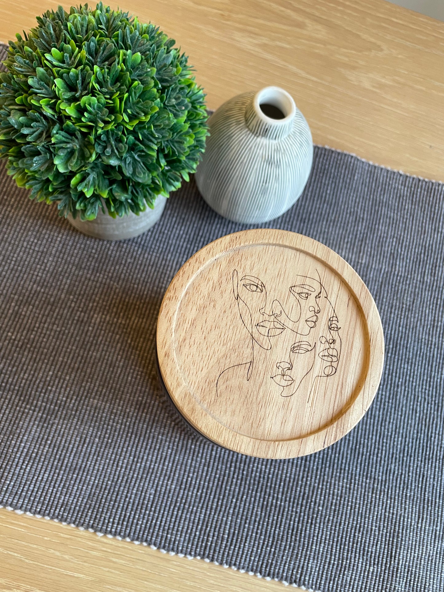 amber storage jar with wood lid, Birds Eye view