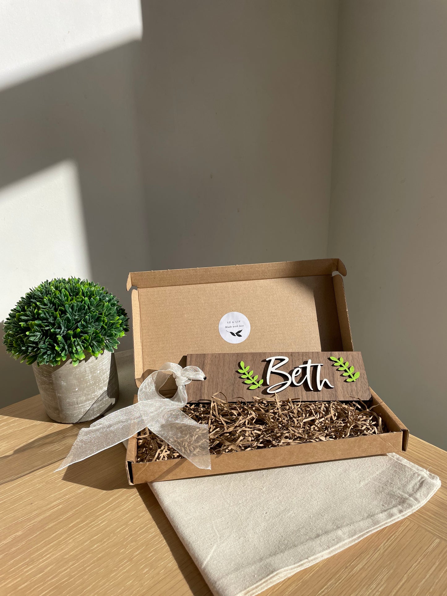 walnut bookmark, personalised, name, brown, ribbon tie, view in gift box