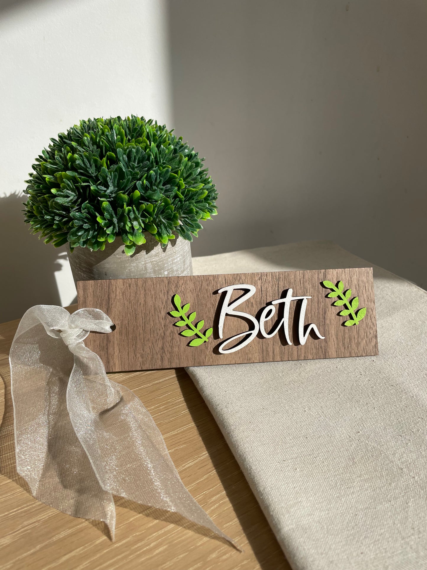 walnut bookmark, personalised, name, brown, ribbon tie, full view