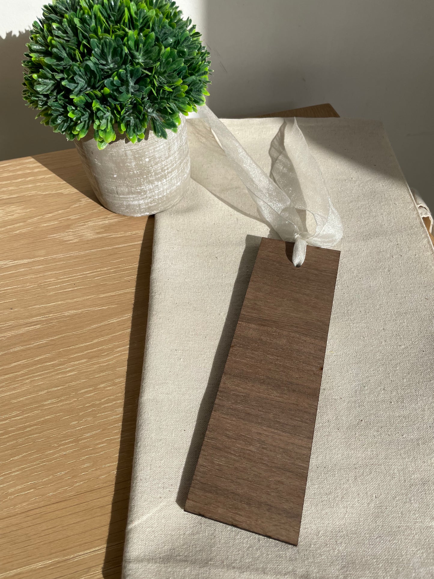 walnut bookmark, reverse plain side, brown, ribbon tie,