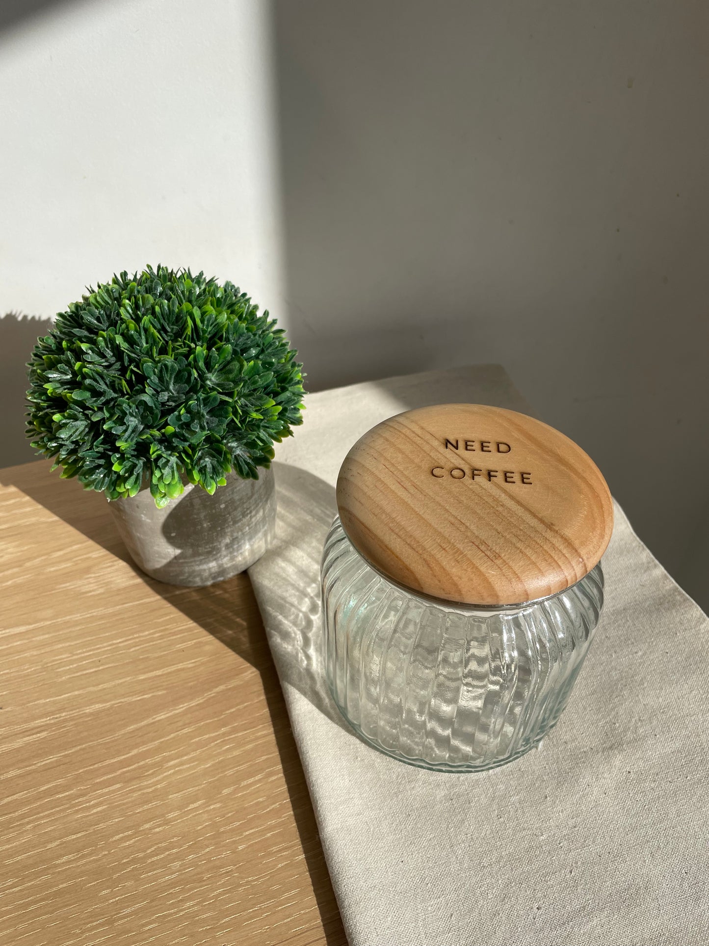 glass textured jar with need coffee engraved lid, main view