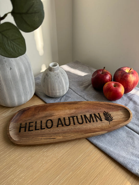 Hello autumn board front view, acacia wood tray