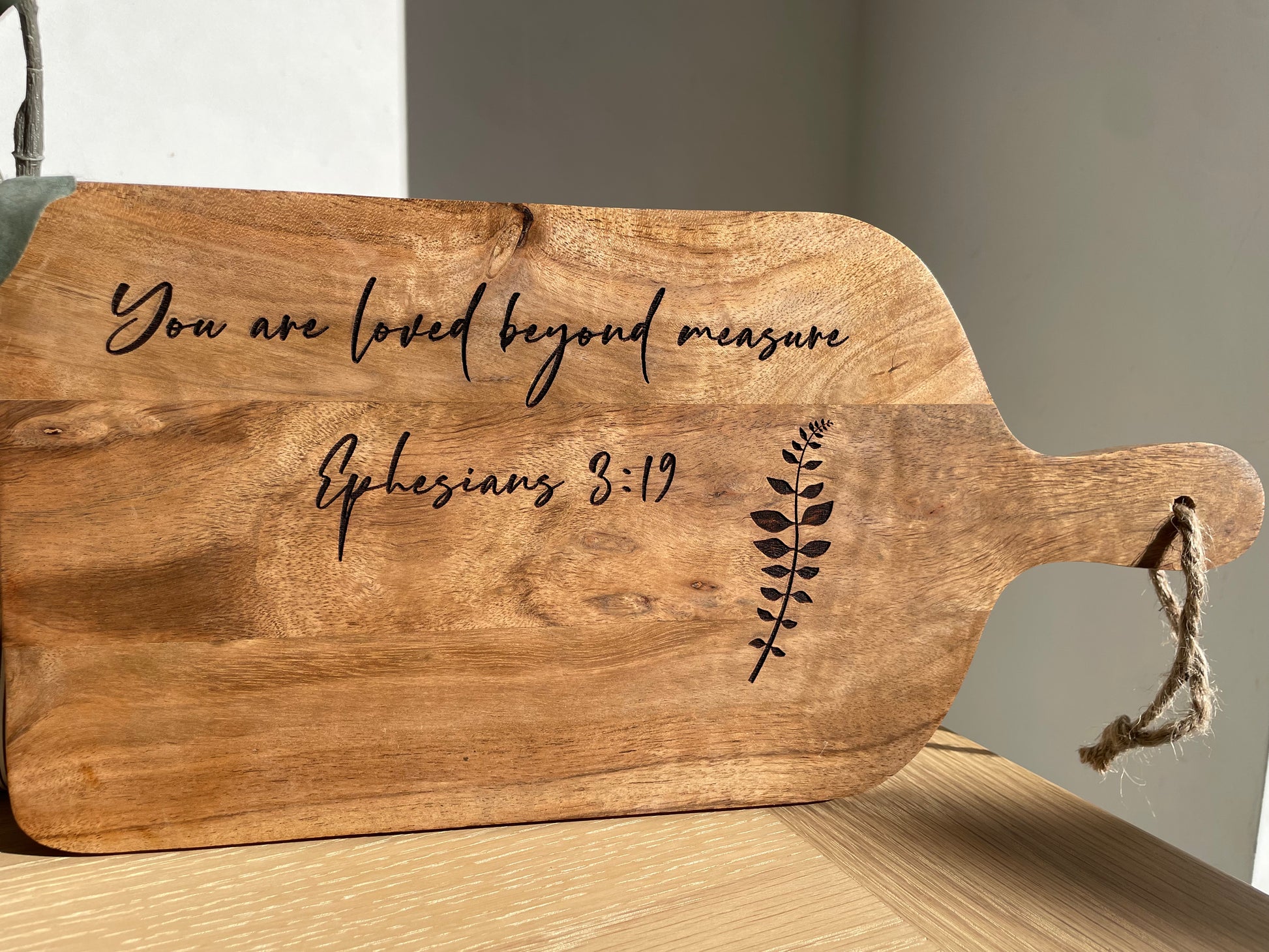 acacia wood chopping and serving board, close up, personalised