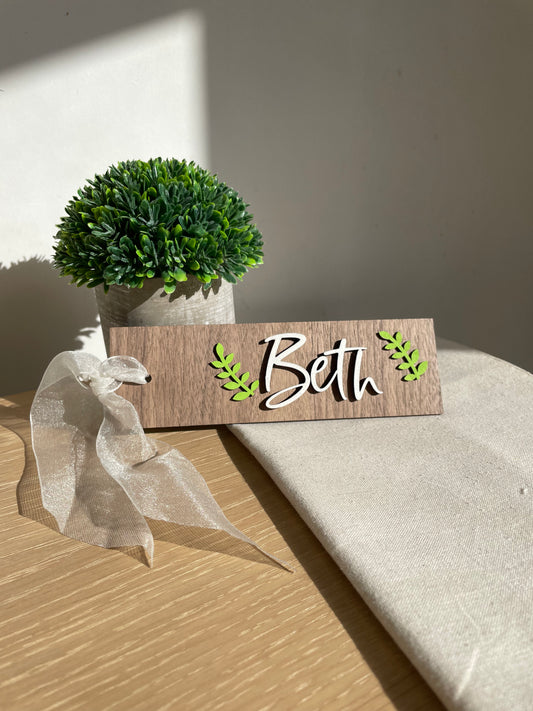 walnut bookmark, personalised, name, brown, ribbon tie, full view